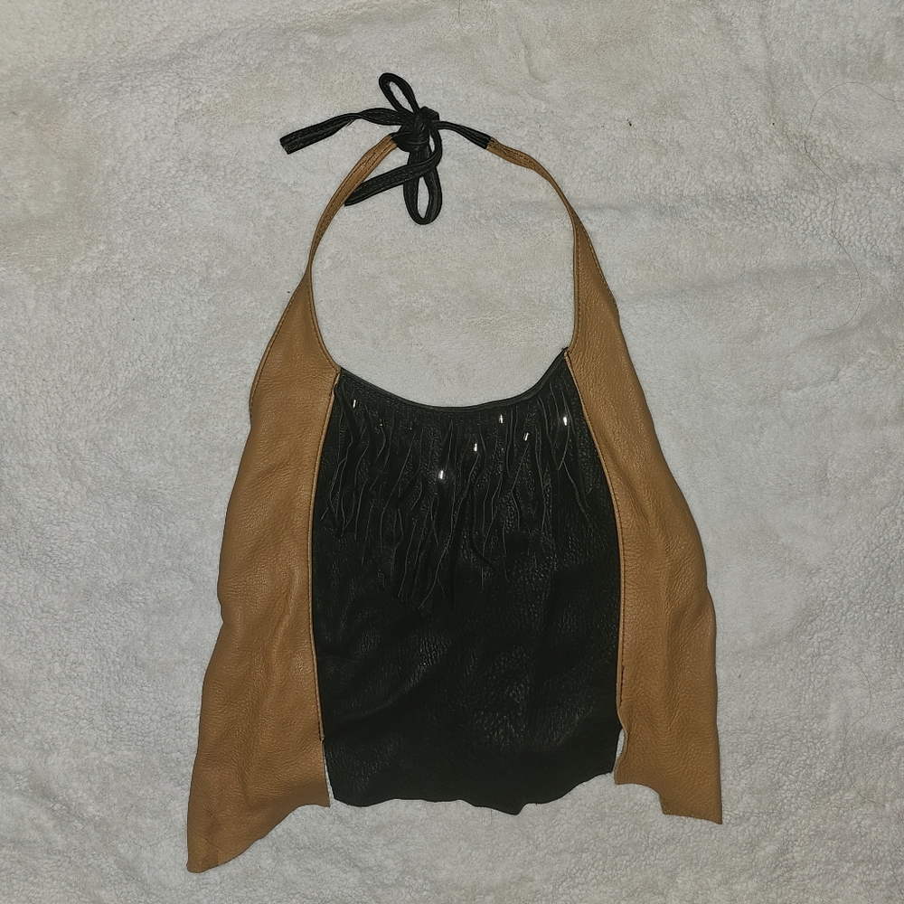 Buttery Soft Black and Tan Leather Fringe Backless Halter Top NWOT One Size